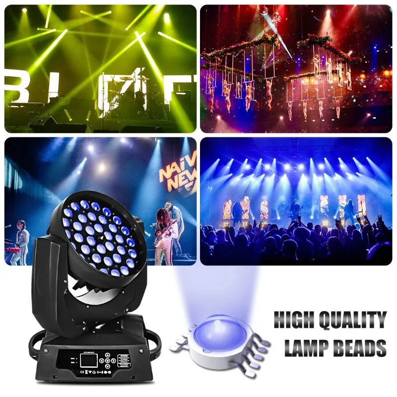 Dj Light Moving Head Stage - 36x18w LEDズームウォッシュムービングヘッドライト 6in1 RGBWA+UVカラービームムービングヘッドステージライト クラブ、パーティー、結婚式、DJ用