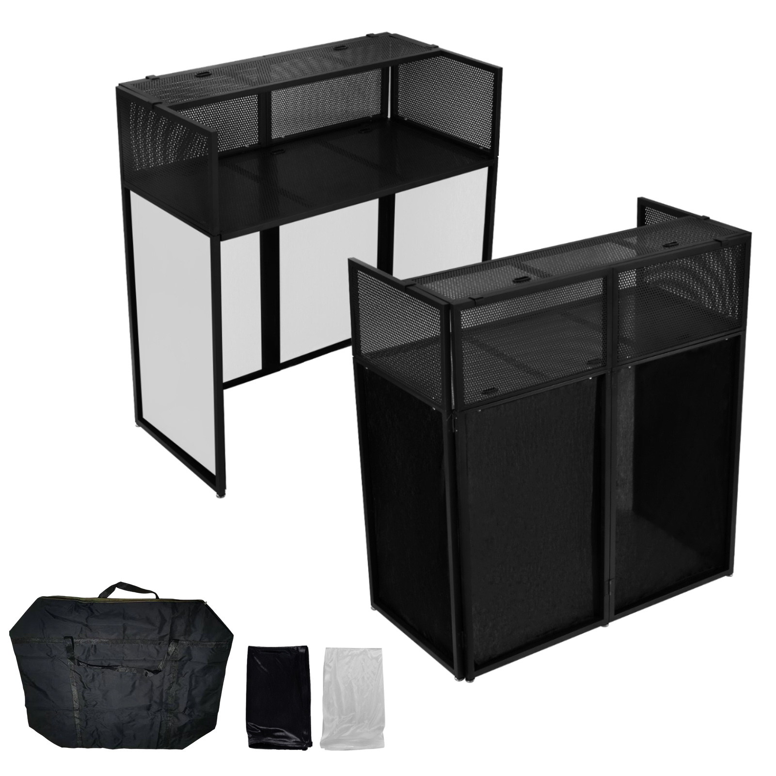 Dj Stand Table Foldable - 金属フレーム付きポータブルDJブーススタンド、高さ調整可能な折りたたみ式DJテーブルラック（黒と白のスクリム付き）、キャリングバッグ、ポータブル折りたたみ収納